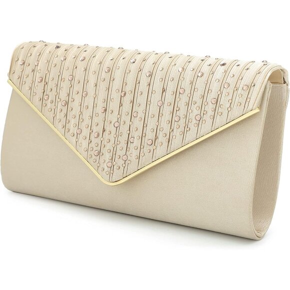 ⚡ Women's Evening Rhinestones Envelope Style Chain Strap Tan Clutch Handbag - Picture 3 of 6